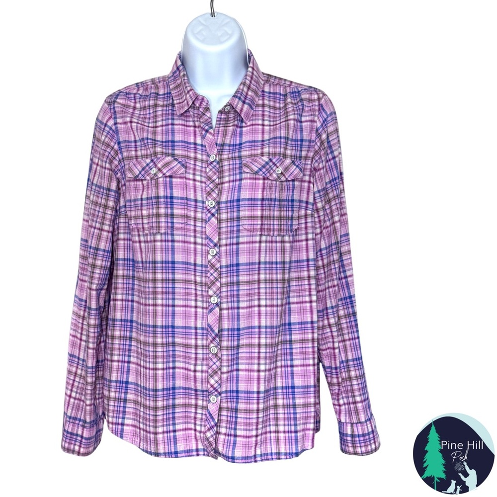 Eddie Bauer Button-up Shirt Sz MP PM Plaid Pink Blue Roll Tab Sleeve Lightweight